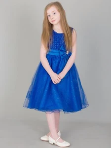 BEAUTIFUL GIRLS SPARKLE BOW AND PEARL DRESS IN ROYAL BLUE - Picture 1 of 5
