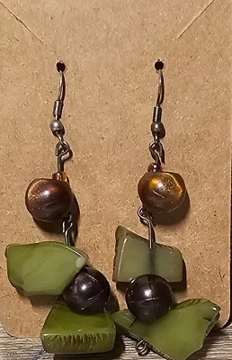 Modernist Olive Green and Bronze Statement Earrings with Geometric Beads - Image 1 of 4