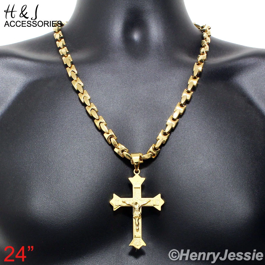 24 «МУЖЧИН из нержавеющей стали 8 мм позолоченный блокировки кости ожерелье крест подвеска * 28 - Изображение 1 из 4