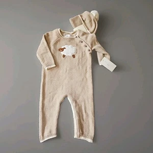 MAX STUDIO BABY Lagenlook Set Unisex 3-6M Beige Zopfmuster Pullover & Mütze 3D Lamm... - Bild 1 von 13