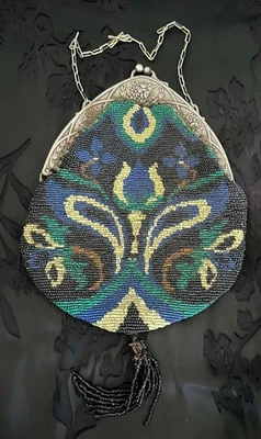 Antique Beaded Flapper Purse/Bag Metal Frame Floral Double Sided Design Tassel - Image 1 of 4