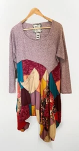 Upcycled Tunic Dress L Lagenlook Art To Wear Patchwork Texas Festival Ruffle.  Y - Picture 1 of 7