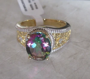 GORGEOUS WOMENS 14KT GOLD OVER SS 3.25 CTW MYSTIC TOPAZ SIZE 7 DESIGNER RING - Picture 1 of 13
