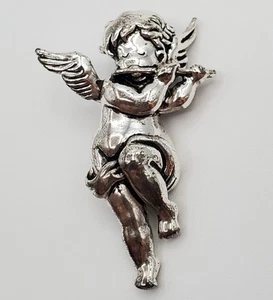 VTG Flute Angel Brooch and Pendant 2.5in Silver Tone Cherub Musician Estate Pin - Picture 1 of 10