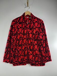Laura Ashley Woman Jacket 1X Full Zip Velour Red Black Long Sleeve Geometric