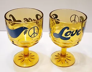2 Vintage Amber Peace & Love Doves Glass Thumbprint Goblets Chalice 60s 70s - Picture 1 of 13