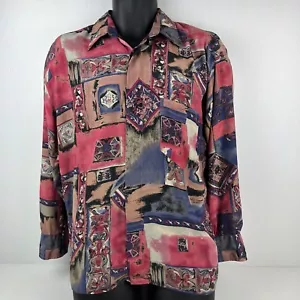 Vintage Dergi Sportswear Long Sleeved Button Up Silk Shirt Mens M Red/Blue - Picture 1 of 6
