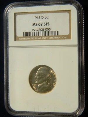 1943-D JEFFERSON 35% SILVER WAR NICKEL, NGC MS-67 5FS, REGISTRY QUALITY - Image 1 of 4