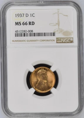 :1937-D 1C KEY DATE LINCOLN CENT NGC MS 66 CHERRY RED  LOW POP HIGHEST GRADES - Image 1 of 4