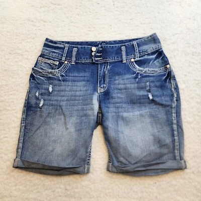 Series Y2K Short Sexy Jean Junior 15 Faded Blue Denim Wide Band Bling Flap - Image 1 of 4