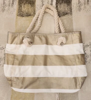 Donna Dixon Gold and White Beach Bag Tote with Rope Handles - Image 1 of 4
