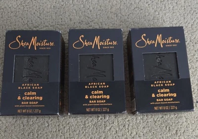 НОВЫЙ лот из 3 Shea влаги африканский черный мыло успокоение и очистка 8 унций бар мыло  - Изображение 1 из 4