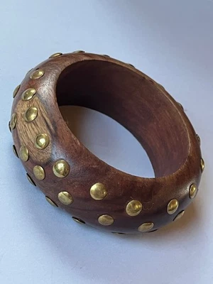 Chunky Dark Wood Wooden w Brass Rivets Wide Bangle Bracelet - a little over 2.5 - Image 1 of 4
