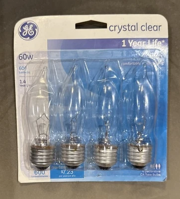 GE 60W Crystal Clear Decorative CA Type Bulbs 4 Pack Medium Base New - Image 1 of 2