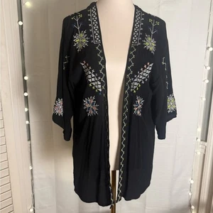 Cardigan kimono Lumière nero boho ricamato aperto davanti taglia small - Foto 1 di 9