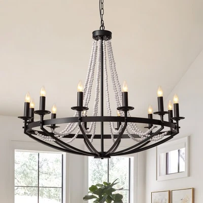 Lámpara de araña de rueda de carro de 12 luces para sala de estar granja candelabro Foto 1 de 4