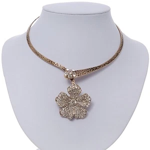 Clear Swarovski Crystal 'Flower' Pendant Hammered Collar Necklace In Burn Gold - Picture 1 of 4
