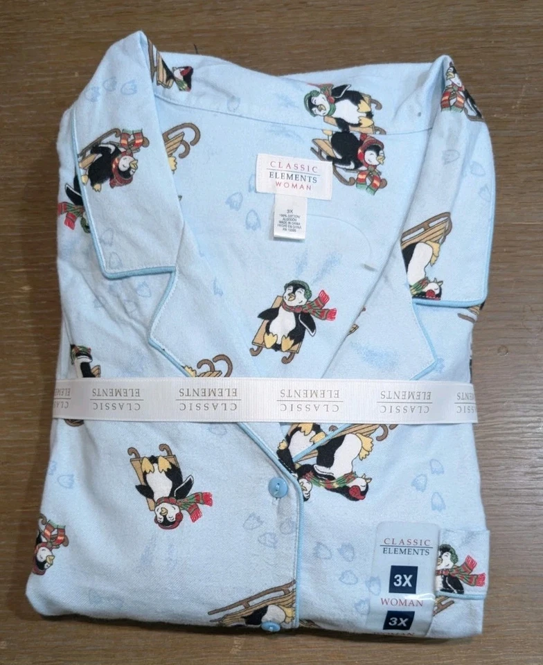 Classic Elements Woman 2 Pc Flannel Baby Blue Penguins Winter Pajama Set  NWT 3X - Image 1 of 4