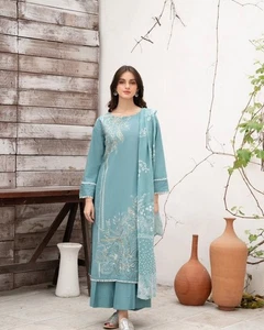 New Latest Roman Silk Sky Blue Top And Palazzo With Dupatta For Party & Girls - Picture 1 of 12