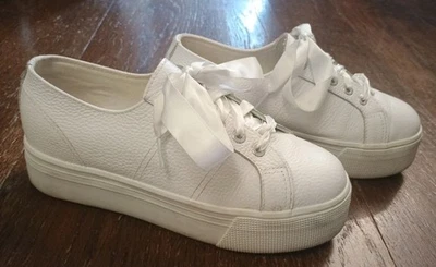 Superga Platform white Pebbled leather sneakers tennis shoes satin laces tie 7.5 - Image 1 of 4