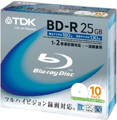 TDK Blu-ray Disc for Recording BD-R 25GB 2x Speed ??White Wide Printable 10 Disc - Image 1 of 2