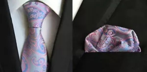 Tie Pocket Square Set Silver Blue Pink Paisley Handmade Mens Wedding Formal - Picture 1 of 5