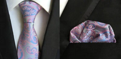 Conjunto Cuadrado de Bolsillo Corbata Plateado Azul Rosa Paisley Hecho a Mano Para Hombre Boda Formal Foto 1 de 4