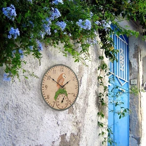 Wall Clock Owl Design Outdoor Retro Waterproof Thermometer Clock Indoor/Outdoor - Picture 1 of 12
