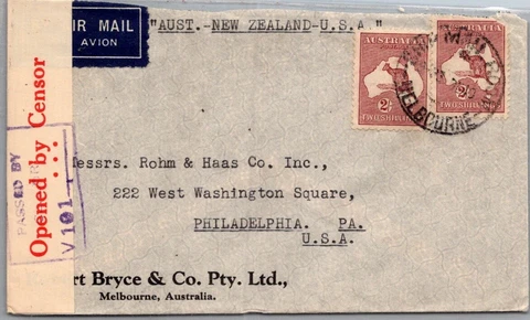 AUSTRALIA POSTAL HISTORY WWII CENSORED AIRMAIL COVER ADDR USA CANC YRS'40-45 Cover