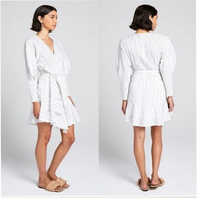 A.L.C Enzo White Striped Puff Sleeve Wrap Dress Size 6 - Image 1 of 4