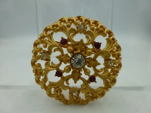 Vintage JJ Pin Brooch, Gold Tone Filigree, Center Clear 'Stone', 4 Red Stones - Picture 1 of 5