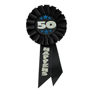 Beistle "50 HAPPENS” Rosette Pin Ribbon, 3.25 x 6.5" 50th Birthday Party Button - Picture 1 of 2