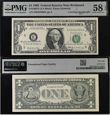 1969 $1 Federal Reserve Note - PMG 58EPQ - Courtesy Autograph Elston/Kennedy - Image 1 of 3