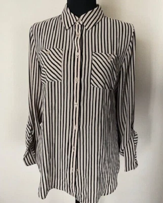 Blusa db Establecida 1962 Mujer’s M Negra Caqui Rayas Abotonadas Manga Larga Foto 1 de 4