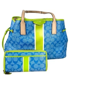 Coach Signature Stripe Large Carryall Handbag Purse With wallet Blue Green - Picture 1 of 13