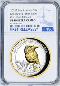 2021 Australia GILT HIGH RELIEF 2oz Silver Kookaburra $2 Coin NGC PF70 FR BlueLB - Picture 1 of 5