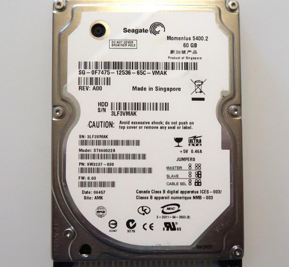 Seagate ST960822A 9W3237-030 8.03 (3LF) Singapore AMK 60gb 2.5" IDE MAY/2006 - Image 1 of 1
