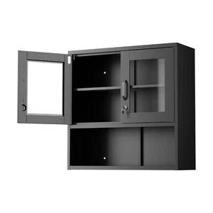 Wall-Mounted Metal Storage Cabinet with Sensor Light & Glass Doors for Garage - Picture 1 of 10