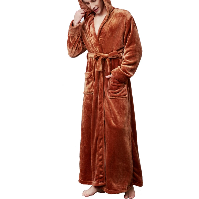 Mens Hooded Mens Sleepwear Mens Fleece Bath Robe Solid Color Fleece Fluffy Gown - Image 1 of 4
