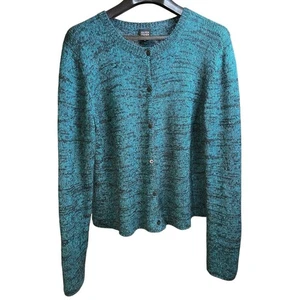 Eileen Fisher Black Teal Green Mohair Blend Button Down Cardigan Sweater sz M - Picture 1 of 9