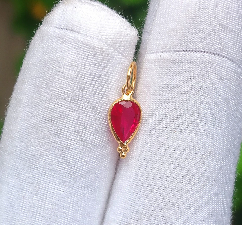 18K Solid Gold Lab-Created  Ruby Gemstone Charm Handmade Necklace Charm Pendant - Image 1 of 3