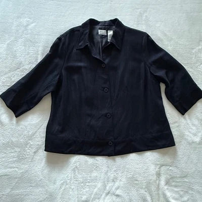 EMMA JAMES Woman Navy Linen Blend Blazer 3/4 Sleeve Collared Front Jacket 18W - Image 1 of 4