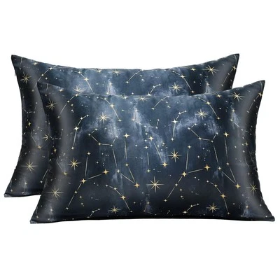 Pack de 2 Fundas de Almohada de Seda Queen Patrón Estrellas Negras, 6A Grado 22 Momme 100% Real... Foto 1 de 4