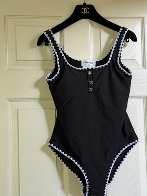 CHANEL VINTAGE BLACK ONE PIECE  SWIMSUIT ECRU TRIM GOLD CC LOGO BUTTONS FR42-40 - Image 1 of 4