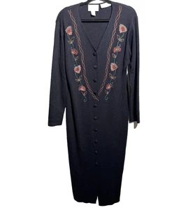 VTG Black Wool Blend Maxi Sweater Dress Embroidered Flowers Buttons Boho M Fairy - Picture 1 of 8