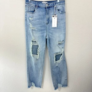 Risen Women High Rise Straight Jeans Size 15/ 32 Crop Distressed Light Wash Blue - Picture 1 of 11