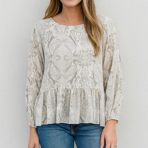 GENTLE FAWN Women's Size S Peasant Blouse Long Sleeve Tiered Ruffle Damask Print - Picture 1 of 9