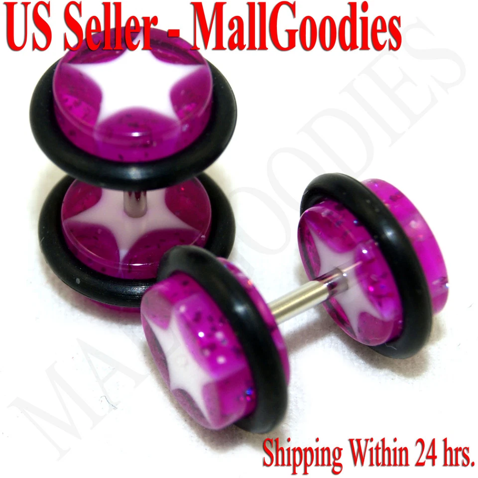 0845 Fake Cheaters Illusion tapones para los oídos de imitación 16G aspecto de barra 0G púrpura blanco estrella Foto 1 de 1