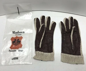 Damen Madova braun Leder Netz Strick Häkel Akzent Handschuhe Firenze Italien - Bild 1 von 10