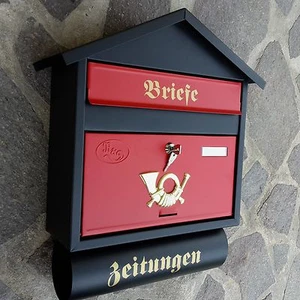 XXL Briefkasten Postkasten Schwarz Rot Matt +Zeitungsfach Wandmontage Nostalgie - Bild 1 von 5